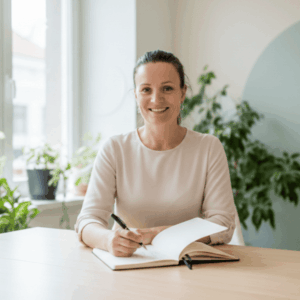 Natalia de LocalGrow en un espacio luminoso con plantas, escribiendo en un cuaderno para validar una idea de negocio. Imagen cálida y cercana que representa el Pack Semilla para emprendedores que empiezan su proyecto